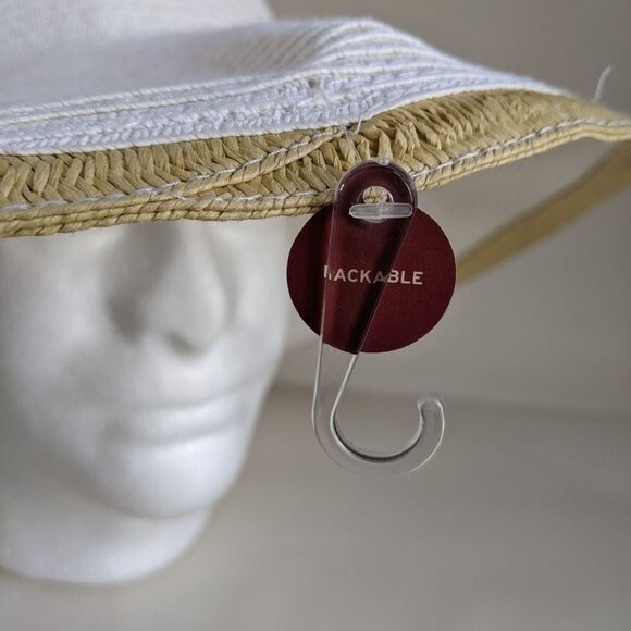 Packable Travel Floppy Straw Hat Wide Brim White with Tan Edge Vacation Cruise - Picture 10 of 11